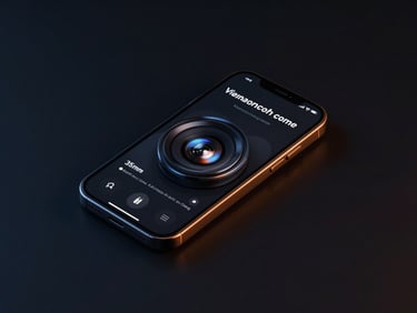 Isometric high-fidelity mobile application mockup on a dark screen, glowing orange rim light, sleek dark-mode technology photography, 35mm lens