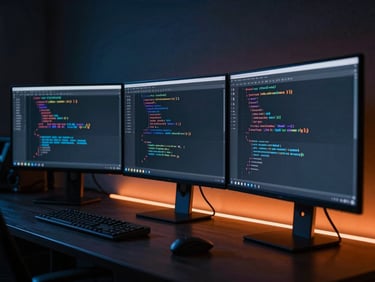 Sleek dark-mode technology photography of a developer analyzing clean code on multiple vertical monitors, moody blue and orange neon rim lighting, high-contrast editorial.