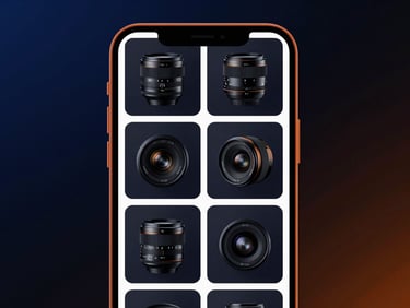 Sleek dark-mode technology photography, high-end e-commerce storefront on a mobile screen, minimalist product grid, sharp orange rim light, 35mm lens