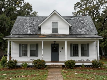 Close-up wide shot of a weathered single-family house in rural South Carolina, peeling white paint on wood siding, overgrown front yard, overcast daylight, honest condition, no staging