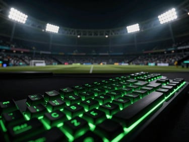 Close-up of a high-tech gaming setup, glowing neon green keyboard, dark high-contrast environment