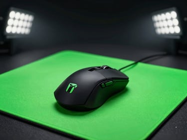 Close-up of a professional gaming mouse on a glowing neon green mousepad, dramatic dark studio lighting, high-contrast sports-tech aesthetic