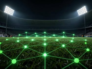Abstract digital network lines with glowing green nodes representing secure connection, dark background