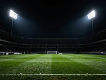Dramatic stadium floodlights shining down on an empty pristine football pitch at night, dark high-contrast