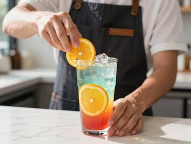 Bright editorial food photography of a friendly barista hand-mixing a colorful specialty soda with fresh citrus wheels, dynamic angle, natural afternoon sunlight, shallow depth of field