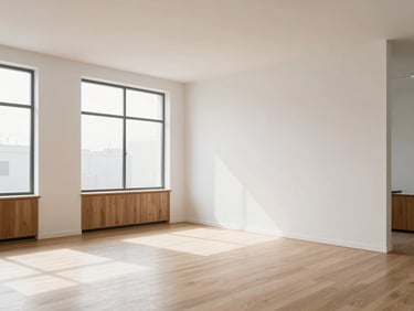 Wide environmental shot of a minimalist design studio in Bountiful, clean white walls, warm wooden accents, large windows letting in soft diffused daylight, negative space.