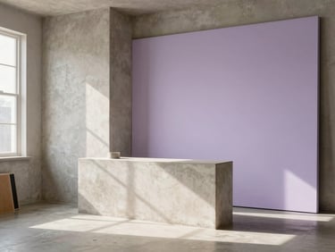 Serene architectural detail of a sunlit creative studio space in Bountiful, soft diffused daylight on warm concrete and minimalist lavender accents