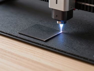 Macro photograph of a laser cutter nozzle emitting a precise blue-white light beam onto matte black acrylic, sharp focus on the vaporized edge, high-contrast studio lighting, technical feel