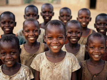 A group of smiling Congolese children in clean clothes, warm natural light, authentic documentary style, 35mm