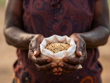 A close-up of hands of an elder Congolese woman receiving a bag of grains, soft outdoor lighting, 35mm