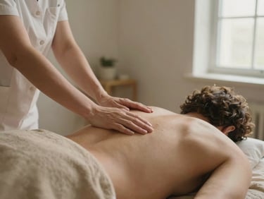 Wide-angle close-up of therapist hands gliding along a client's spine in a clean treatment room, soft warm window light from the right, neutral tan linen on the table