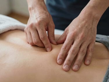 Therapist thumbs applying precise targeted pressure to a specific knot on a client's lower back, close-up framing showing contact detail, soft diffused natural light