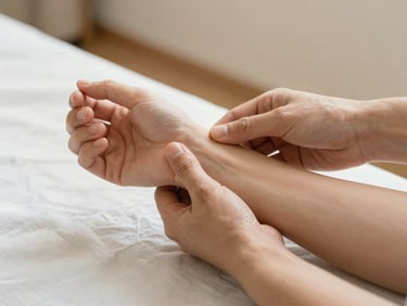 Close-up of therapist hands lifting and rotating a client's forearm in a neutral treatment room, warm diffused light, clean white linen, focus on the wrist and grip point