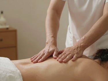 Therapist forearm applying broad compressive pressure along a client's upper back, warm professional studio lighting, clean minimal treatment room visible at edges