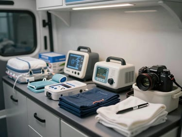Plan rapproché intérieur d'une ambulance parfaitement propre et ordonnée, équipements médicaux modernes disposés avec soin sous un éclairage doux et diffus.