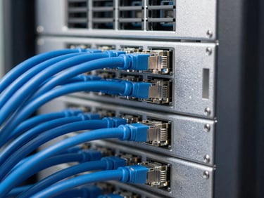 Macro shot of a high-density server rack with blue ethernet cables neatly patched, bright technical studio lighting, sharp focus