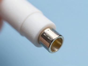 Macro detail of a single terminated fiber optic connector showing the pristine ceramic ferrule and glass core under bright white inspection light