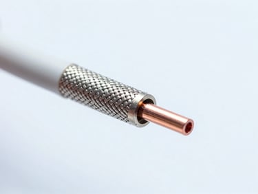 Close-up of a high-quality coaxial cable with copper core and braided metallic shielding exposed, clean technical studio lighting