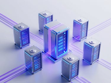 3d render of abstract secure server architecture with glowing purple light paths, clean glassmorphism, octane render, 8k