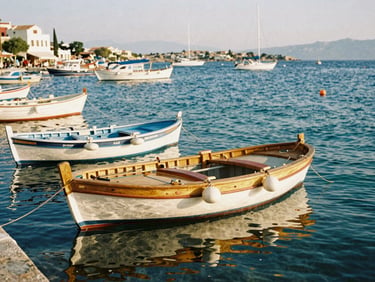 Scenic view of Side harbor with traditional wooden boats on deep turquoise water, bright Mediterranean daylight, warm editorial photography, 35mm