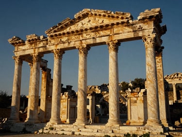 Ancient Roman ruins of Perge with majestic marble columns under warm golden hour sunlight, shallow depth of field, warm editorial photography, 35mm