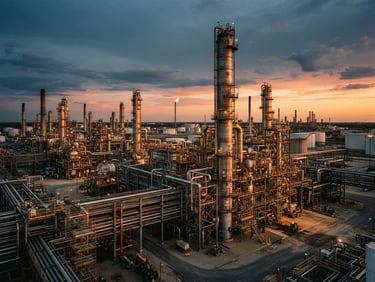 Wide-angle industrial editorial photography of a modern Texas oil refinery at sunset, warm amber light hitting complex steel piping and distillation towers, 35mm lens.