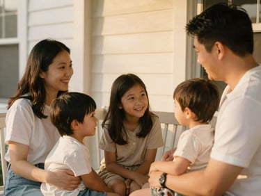 Candid medium shot of a family sitting together on a porch, warm golden-hour light, intimate and authentic framing