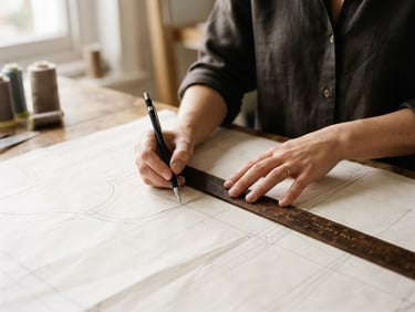 Close-up of hands drafting a garment pattern on crisp parchment paper with a wooden ruler, soft natural daylight, high-contrast rich tones, 35mm