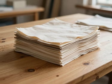 A neat stack of cut fabric pieces on a clean wooden table, soft focus background of a workshop, warm editorial photography, 35mm