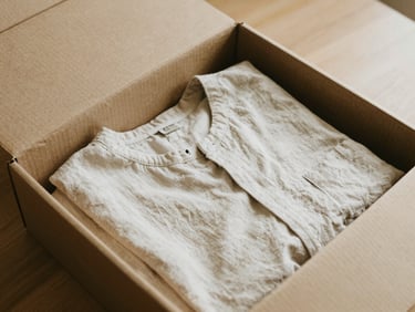 A neatly folded linen garment being placed into a clean cardboard box, minimalist packaging aesthetic, warm editorial photography, 35mm