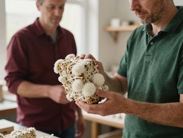 A local farmer in a warm-toned workshop examining a healthy substrate block colonized with white mycelium, soft natural light, 35mm.