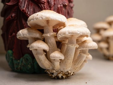 Macro shot of cascading white spines of a mature lion's mane mushroom growing in a sterile, warm-toned cultivation room, shallow depth of field, 35mm.