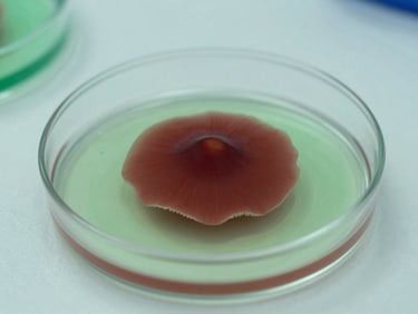 Macro texture of a rare ekoni mushroom culture growing in a sterile petri dish inside a clean laboratory, soft green and crimson tones, 35mm.
