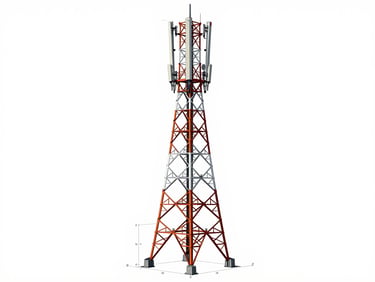 Orthographic technical drawing of a telecommunication tower overlaid with a 3D point cloud mesh, showing structural joints and coordinate labels, clean vector lines, high contrast.