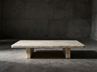 Monolithic travertine coffee table in a minimalist concrete room, low-key side-lighting, deep shadows, wide environmental shot.