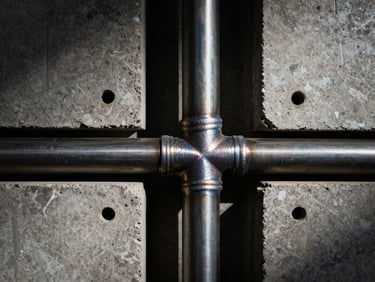 Technical detail shot of a precision-welded steel joint, dramatic side-lighting, deep shadows, raw concrete background, 35mm lens.