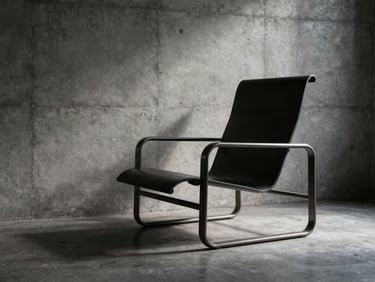 Detail of a hot-rolled steel frame of a lounge chair, minimalist concrete wall, high-contrast lighting, technical aesthetic.