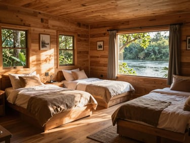 Spacious family cabin interior with warm wood textures, comfortable beds, soft golden hour light, 35mm
