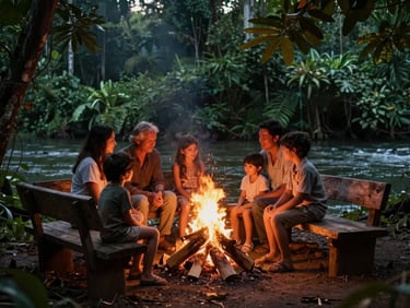 A warm family gathering around a soft bonfire at dusk, rustic wooden benches, deep green jungle background, warm firelight