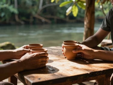 Hands holding local clay cups around a low wooden table, warm golden light, rustic cabin interior, 35mm