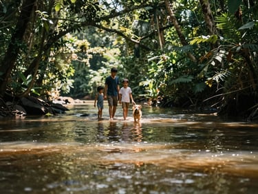 A peaceful river walk in the jungle with a family and their dog, dappled sunlight filtering through leaves, soft focus