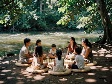 A family sitting in a circle on woven mats in a clearing, soft dappled jungle sunlight filtering through leaves, 35mm