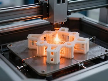 Industrial 3D printer laser sintering a complex nylon part, glowing orange energy lines, high-tech manufacturing environment.
