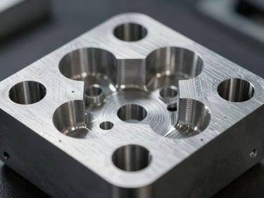 Close-up of a precision-machined aluminum mold core showing intricate ribbing and zero-draft features under high-contrast industrial studio lighting.