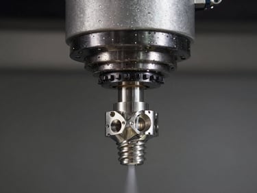 Close-up of a continuous 5-axis CNC milling head machining an intricate medical-grade titanium implant with visible coolant spray