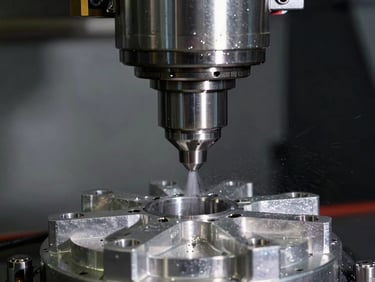 High-precision CNC milling machine spindle cutting a complex aluminum aerospace component, crisp metallic highlights, coolant spray.