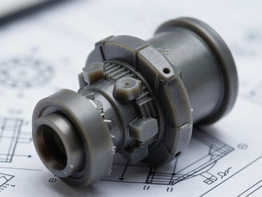 Close-up of complex custom plastic injection molded parts with intricate ribbing and zero-draft features, resting on a technical blueprint.