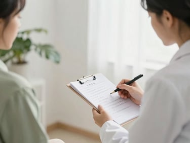 Close-up of a clinical herbalist discussing notes with a client in a bright, minimalist consultation room, soft natural daylight, 35mm lens