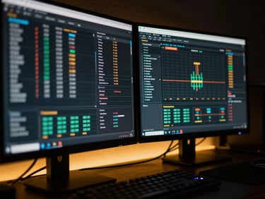 Extreme close-up of a high-performance e-sports setup in a dark room, glowing golden backlighting reflecting on dual monitors displaying complex statistical charts and poker database graphs, moody tech aesthetic, shallow depth of field.