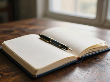 An open leather-bound journal on a dark wooden table beside a vintage fountain pen, soft morning light from a side window, shallow depth of field.
